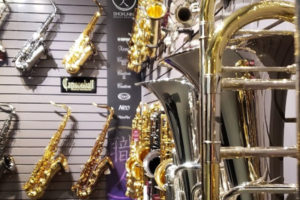 wall of saxophones